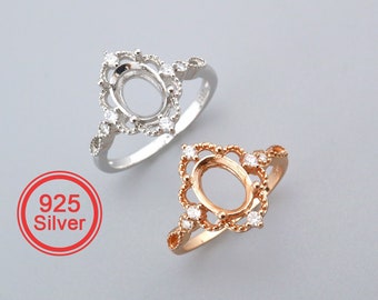 6x8MM Oval Prong Ring Settings Solid 925 Sterling Silver Rose Gold Plated Vintage Style Lace Set Size DIY Ring Bezel for Gemstone 1224084