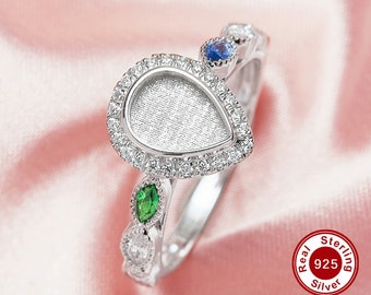 6x8MM Keepsake Breast Milk Resin Halo Pear Bezel Ring Settings,Solid Back 925 Sterling Silver Birthstone Ring,Pave CZ Stone Ring 1294714