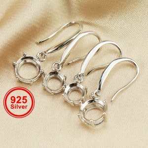 1Pair 5-8MM Round Solid 925 Sterling Silver DIY Prong Hook Earrings Settings Bezel  1702196