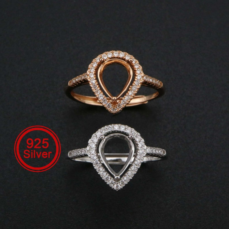 Halo Pear Prong Ring Settings Rose Gold Plated Solid 925 Sterling Silver Adjustable Ring Bezel for DIY Gemstone 1294224 image 3