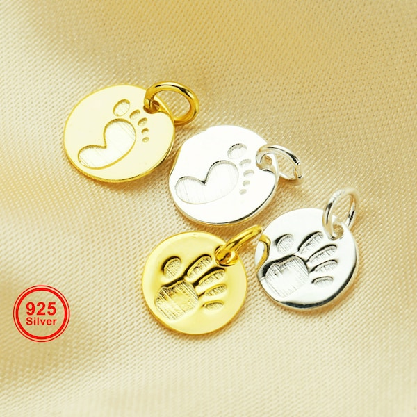 7MM Round Baby Handprint Footprint Charm,Keepsake Solid 925 Sterling Silver Gold Plated Pendant Charm,DIY Pendant Charm Supplies 1431196