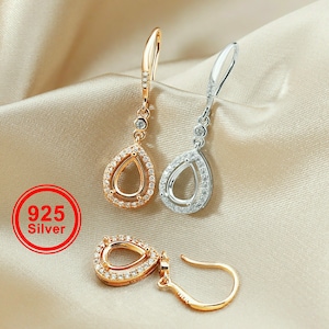 1Pair Multiple Size Pear Bezel Rose Gold Plated Solid 925 Sterling Silver Halo Pave Hook Earrings DIY Gemstone Jewelry Supplies 1706039