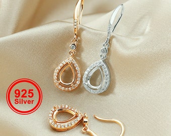 1Pair Multiple Size Pear Bezel Rose Gold Plated Solid 925 Sterling Silver Halo Pave Hook Earrings DIY Gemstone Jewelry Supplies 1706039