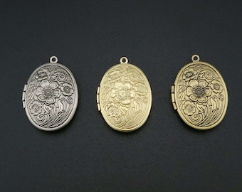 5pcs 23x29mm brass antiqued silver,bronze,silver flower engraved vintage oval photo locket pendant charm supplies 1121052