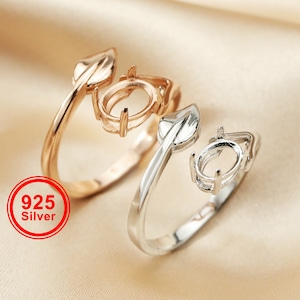 Oval Prong Ring Blank Settings Flower Leaf Bezel Solid 925 Sterling Silver Rose Gold Plated Adjustable Ring Band for Gemstone 1224111