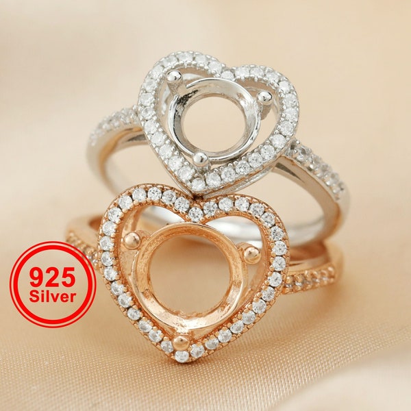 1pcs 5-9MM round simple Gemstone CZ stone prong bezel solid 925 sterling silver adjustable ring settings heart shape 1214032