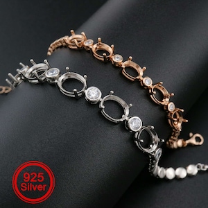 1Pcs Oval Prong Bezel Bracelet Settings 5 Stones Rose Gold Plated Solid 925 Sterling Silver Tray for Gemstone 6''+1.6'' 1900246