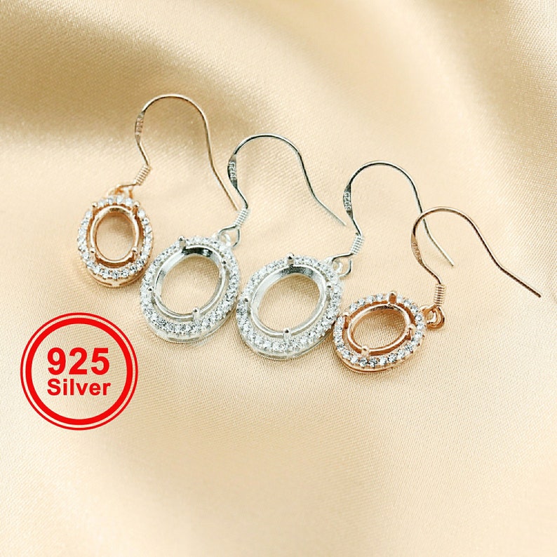 1Pair Multiple Size Oval Bezel Solid 925 Sterling Silver DIY Prong Hook Earrings Settings Bezel 1702197 image 1