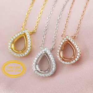 6x8MM Pear Prong Pendant Settings Solid 14K/18K Gold Halo Keepsake Breast Milk Bezel Necklace Chain DIY Memory Jewelry 18Inches 1431046-1