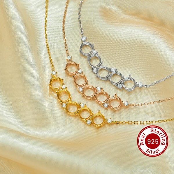 Five Stones 6MM Round Prong Pendant Necklace Settings,Solid 925 Sterling Silver Rose Gold Plated Necklace,CZ Stone Necklace 16''+2'' 1411458