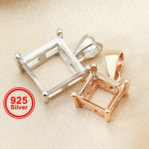 1Pcs 5-10MM Square Prong Pendant Charm Settings Simple Rose Gold Plated Solid 925 Sterling Silver DIY Bezel Tray for Gemstone 1431067