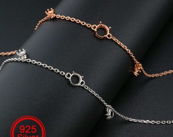 1Pcs Three Stones Round Prong Bracelet Settings Rose Gold Plated Solid 925 Sterling Silver Bezel Tray for Gemstone 8''+2'' 1900241