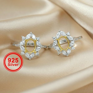 1Pcs 6x8MM Oval Prong Bezel Gold Plated Solid 925 Sterling Silver Marquise Accents DIY Adjustable Ring Settings Moissanite Gemstone 1222019