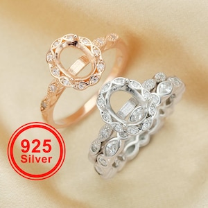 6x8MM Oval Prong Ring Settings,Art Deco Stacker Ring Band,Flower Stackable Solid 925 Sterling Silver Rose Gold Plated Ring,DIY Ring 1294558