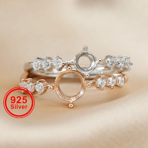 1Pcs 5-7MM rose gold silver round Gems CZ stone prong bezel solid 925 sterling silver adjustable ring settings 1210030