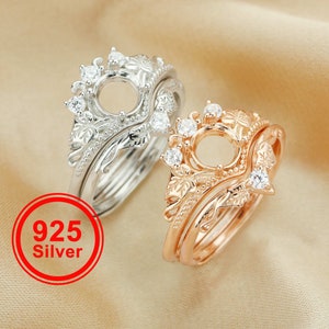 6MM Round Prong Ring Settings,Tree Branch Leaf Art Deco Stackable Ring Set,Solid 925 Sterling Silver Ring,Vintage Style Stacker Ring 1294549