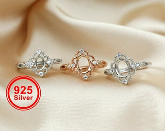 1Pcs Multiple sizes oval rose gold silver Gems CZ stone prong bezel solid 925 sterling silver adjustable ring settings 1224009