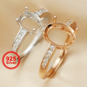 1pcs Multiple sizes oval simple rose gold silver Gems CZ stone prong bezel solid 925 sterling silver adjustable ring settings 1224011