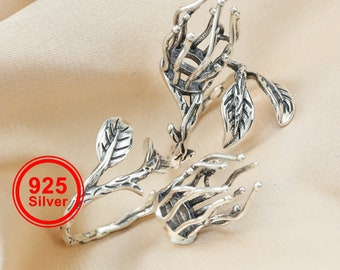 1Pcs 8.5mm bezel 20mm branch claw irregular stone vintage style solid 925 sterling silver antiqued leaf adjustable ring settings 1294128