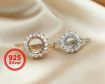 1pcs 4-15mm round CZ stone prong setting 925 sterling silver,rose gold bezel tray adjustable ring settings 1212036