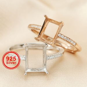 1Pcs rectangle rose gold silver Gems CZ stone prong setting solid 925 sterling silver bezel tray DIY adjustable ring settings 1294113