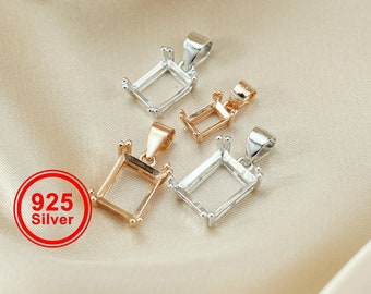 Rectangle Prong Pendant Settings Simple Rose Gold Plated Solid 925 Sterling Silver Charm Bezel for Gemstone 1431094