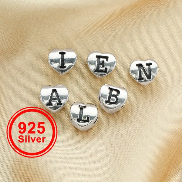 6MM Initial Letter Heart Beads Charm,Alphabet Charm with 2.5MM Hole,Solid 925 Sterling Silver Charm,Hole Bead,DIY Custom Name Charm 1431143