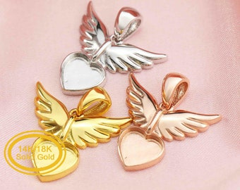 Keepsake Breast Milk Bezel 8MM Heart Pendant Settings Angel Wings Solid 14K/18K Gold DIY Memory Jewelry Supplies 1431131-1