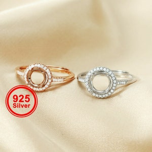 1pcs 6-10MM round rose gold silver Gems CZ stone prong bezel solid 925 sterling silver adjustable ring settings 1210031