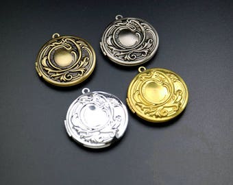 5pcs 32mm flower engraved round vinatge style bronze,silver,antiqued silver,raw brass photo locket pendant charm supplies findings 1111064