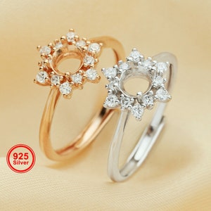 Anello con montatura a griffe rotonde e alone da 5 mm, in argento sterling 925 massiccio placcato oro rosa, stile vintage, con castone fai da te 1215061