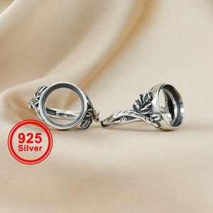 1pcs 12mm setting size round leaf bezel antiqued 925 sterling silver solid silver DIY ring tray bezel setting supplies 1213022