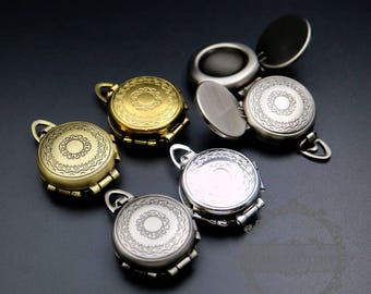 5pcs 16mm round bezel tray flower engraved brass silver,bronze,antiqued silver,raw brass four fold photo locket pendant charm DIY 1111069