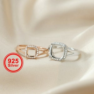 1Pcs 6-10mm rose gold silver square Gems CZ stone prong setting solid 925 sterling silver bezel tray DIY adjustable ring settings 1294112