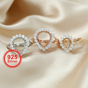 1pcs rose gold silver tear drop Pear Gems CZ stone prong setting 925 sterling silver bezel tray DIY adjustable  ring settings 1294107