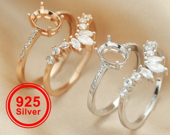 6x8MM Oval Prong Ring Settings Stackable Solid 925 Sterling Silver Rose Gold Plated Stacker Ring Set DIY Supplies 1294401