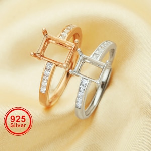 1Pcs Multiple sizes rectangle rose gold silver tiny Gems CZ stone prong bezel solid 925 sterling silver adjustable ring settings 1294132