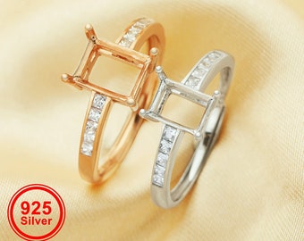 1Pcs Multiple sizes rectangle rose gold silver tiny Gems CZ stone prong bezel solid 925 sterling silver adjustable ring settings 1294132