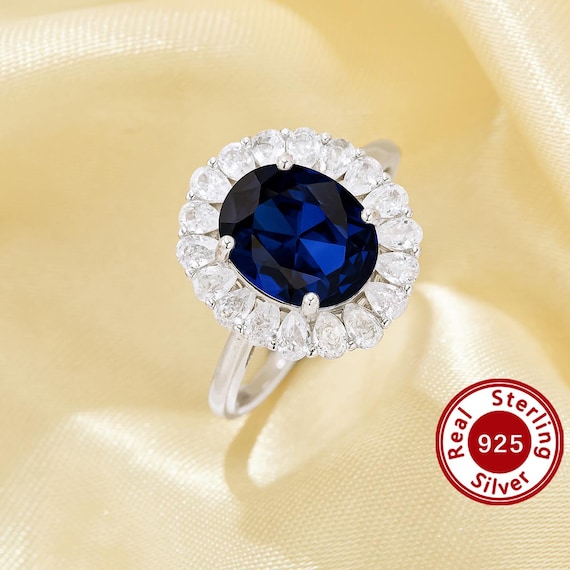 Halo Oval Simulated Sapphire Ring With 8x10mm Oval Sapphire,solid