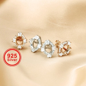 1Pair Multiple Size Oval Solid 925 Sterling Silver Rose Gold Tone DIY Prong Studs Earrings Settings Bezel with Cubic Zirconia 1706018