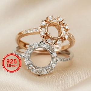 1Pcs 6-8MM Flower Round Prong Bezel Rose Gold Plated Solid 925 Sterling Silver Adjustable Ring Settings for Moissanite Gemstone DIY 1210051