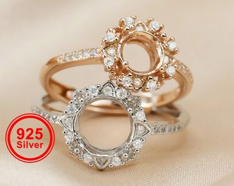 1Pcs 6-8MM Flower Round Prong Bezel Rose Gold Plated Solid 925 Sterling Silver Adjustable Ring Settings for Gemstone DIY 1210051