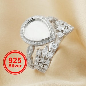 8x10MM Keepsake Breast Milk Resin Pear Ring Settings,Stackable Solid 925 Sterling Silver Ring Set,Art Deco Stacker Ring Band 1294476