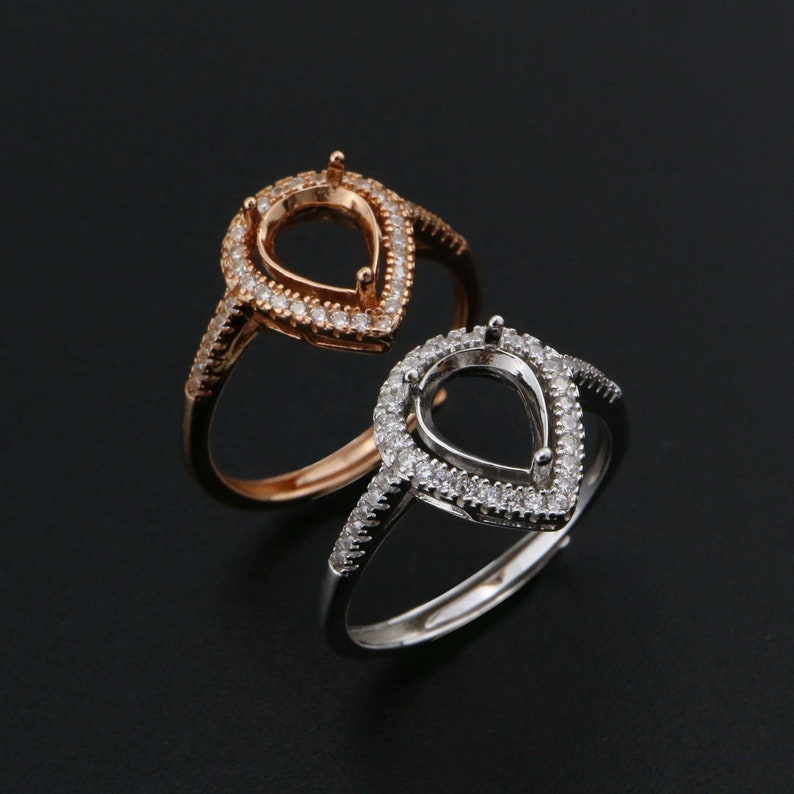 Halo Pear Prong Ring Settings Rose Gold Plated Solid 925 Sterling Silver Adjustable Ring Bezel for DIY Gemstone 1294224 image 5