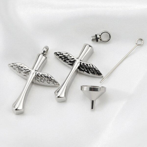 Keepsake Ash Canister Cremation Urn Set Cross Angel Wing Stainless Steel Wish Vial Pendant Prayer Box 26x38MM 1190044