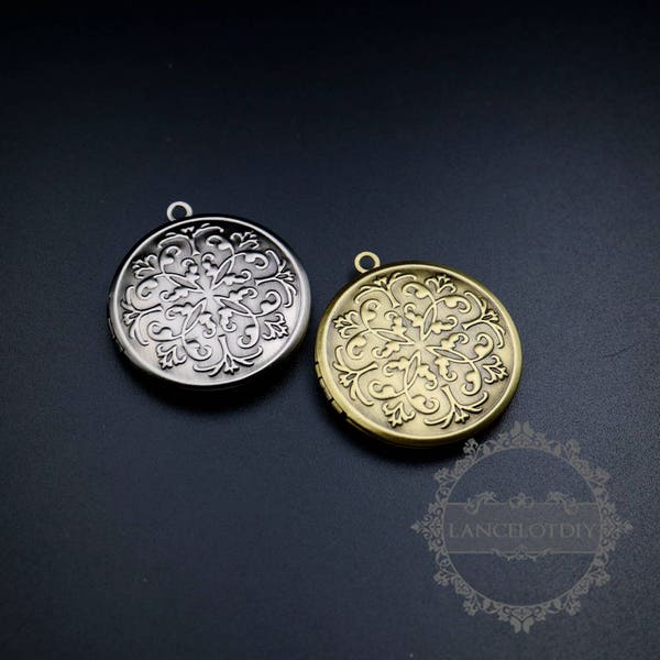 5pcs 32mm bronce redondo de latón, plata antigua estilo vintage grabado foto locket colgante encanto 1111072