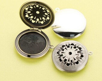 5Pcs 31MM Round Filigree Photo Locket,Keepsake Antiqued Bronze Silver Iron Locket,DIY Photo Memory Pendant Charm Supplies 1111078