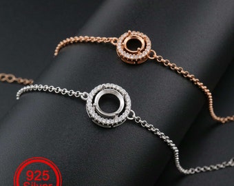 1Pcs 6-8MM Round Prong Bezel Bracelet Settings Halo Rose Gold Plated Solid 925 Sterling Silver Tray for Gemstone 6''+1.6'' 1900245