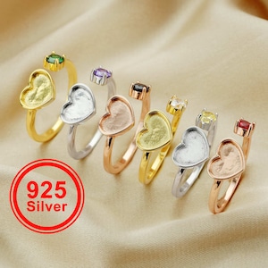 8MM Heart Breast Milk Keepsake Resin Ring Settings,Solid 925 Sterling Silver Rose Gold Plated,4MM Birthstone Bezel Adjustable Ring 1294510