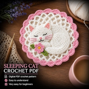 Sleeping Cat Crochet Coaster Pattern PDF, Floral Lace Doily Mug Rug, Kitty Cup Mat Tutorial, Digital Download
